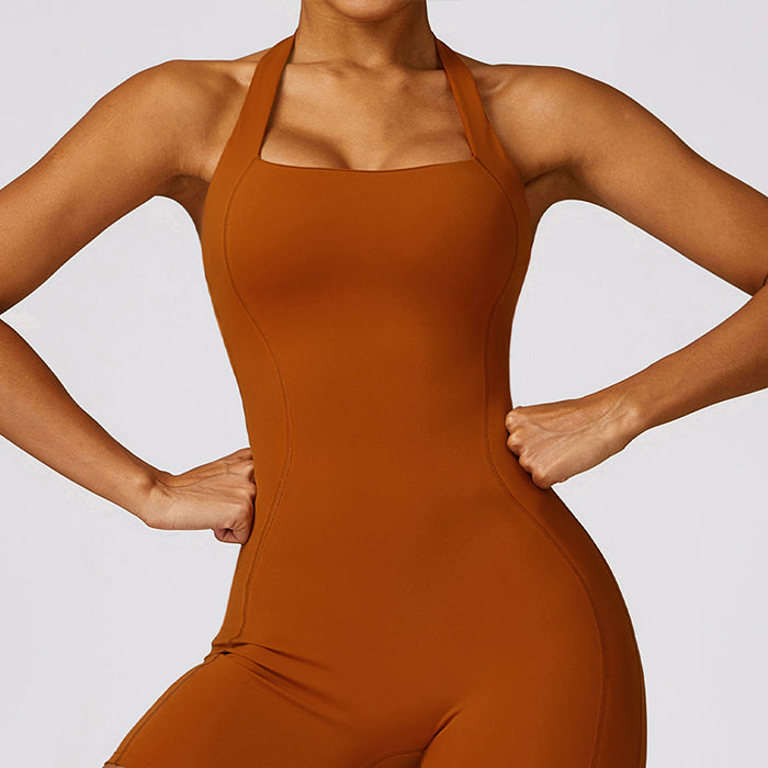 ボディスーツレディース 女性用 ワンピース ヨガウェア 起毛 ホルターネック 美しい背中 屋外 タイト フィット 痩身 ジム スポーツ