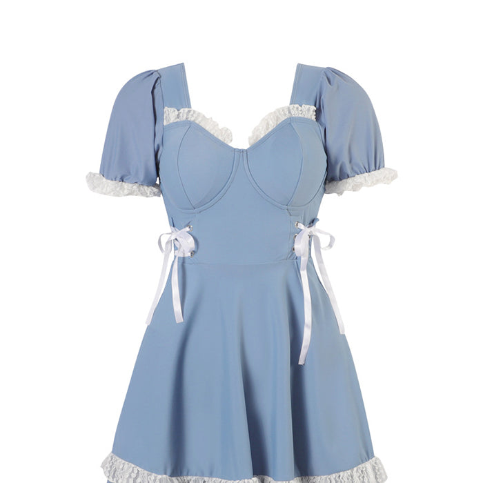 水着 ワンピース水着 夏 スカート お腹カバー 学生水着 オールインワン フリル レース ガーリー水着 可愛い プール 海 グリーン ブルー リボン