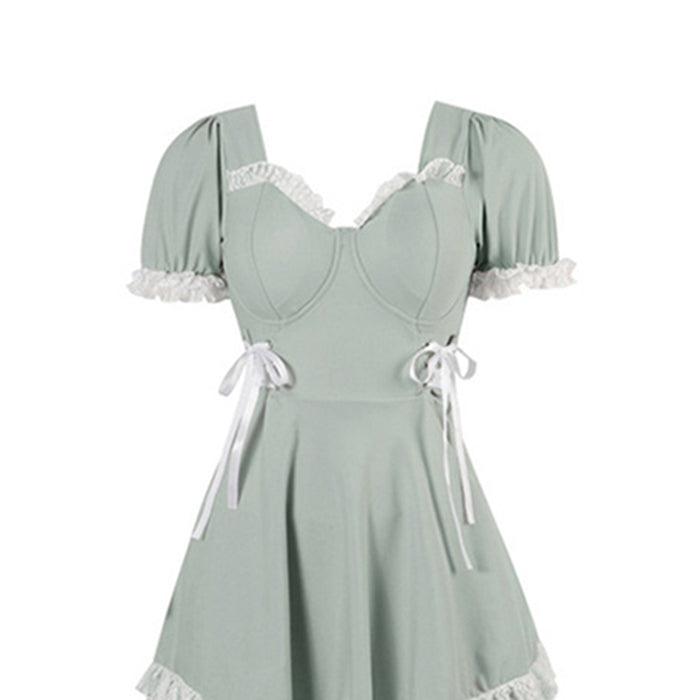 水着 ワンピース水着 夏 スカート お腹カバー 学生水着 オールインワン フリル レース ガーリー水着 可愛い プール 海 グリーン ブルー リボン