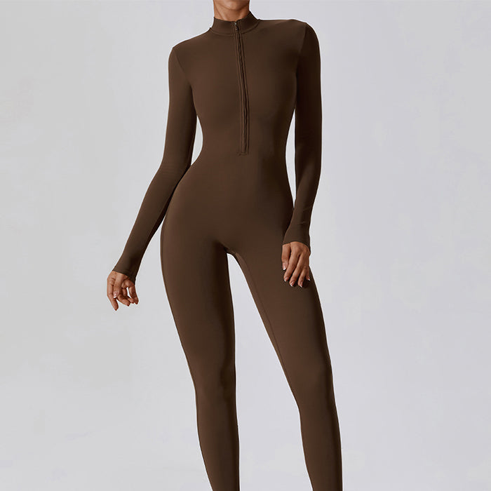 ボディスーツレディース 長袖 ヨガウェア ジッパー ヌード ジャンプスーツ 高強度 フィットネス スポーツ 女性用