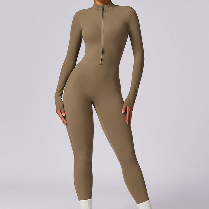 ボディスーツレディース 長袖 ヨガウェア ジッパー ヌード ジャンプスーツ 高強度 フィットネス スポーツ 女性用