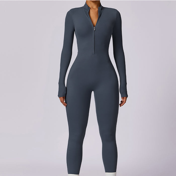 ボディスーツレディース 長袖 ヨガウェア ジッパー ヌード ジャンプスーツ 高強度 フィットネス スポーツ 女性用