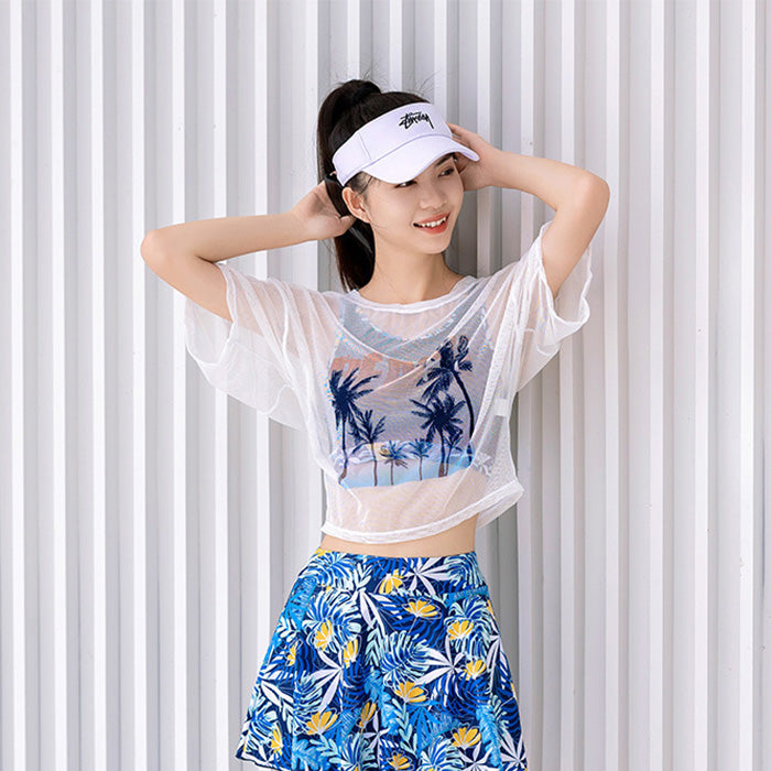 レディース水着セパレート 3点セット 半袖 フィットネス 可愛い 10代 20代 学生 ラッシュガード 半袖 体型カバー タンキニ スポーティー サンウェア スプリット 透け