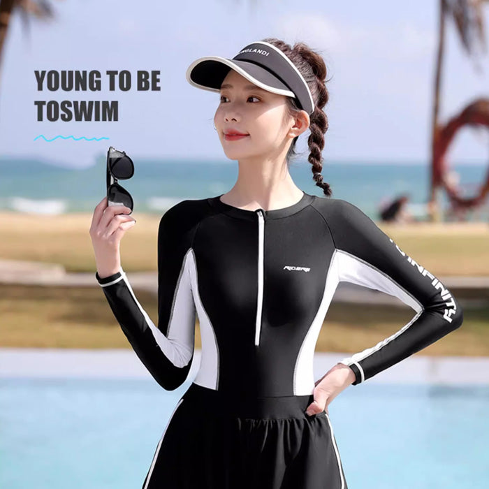 大きい サイズ 水着 ワンピースの長袖二層ボクサー水着はお腹をカバーし スリムに見せます