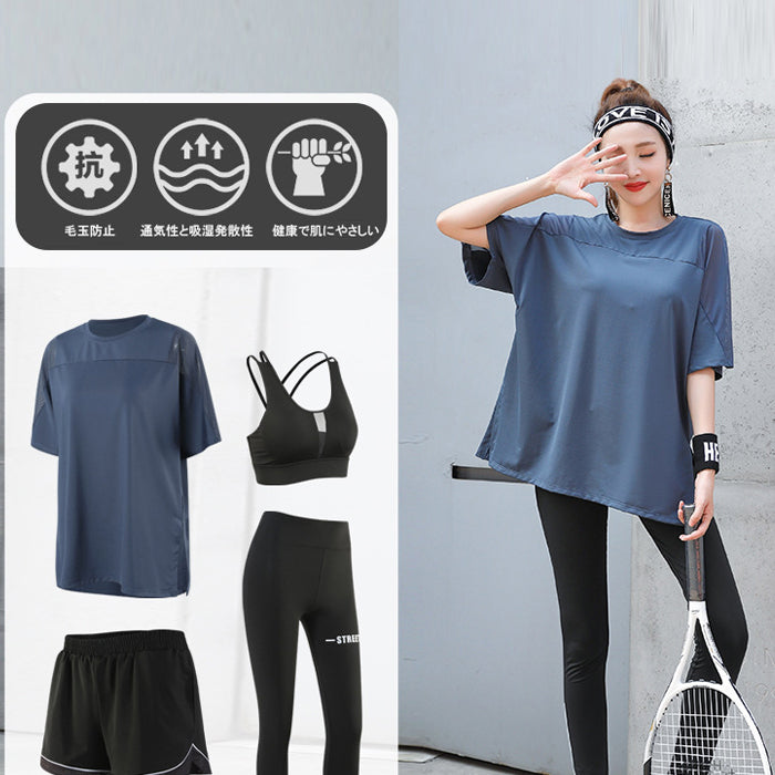 ヨガウェア スポーツウェア 4点セット パーカー 半袖 上下セット 体型カバー レディース 大きいサイズ プラスサイズ 3カラー