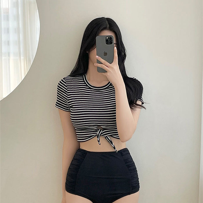 レディース水着 セット ハーフスリーブ へそ出し ショート丈 ビキニ スリムフィット レトロ ストライプ ボーダー 可愛い 韓国 プール 海