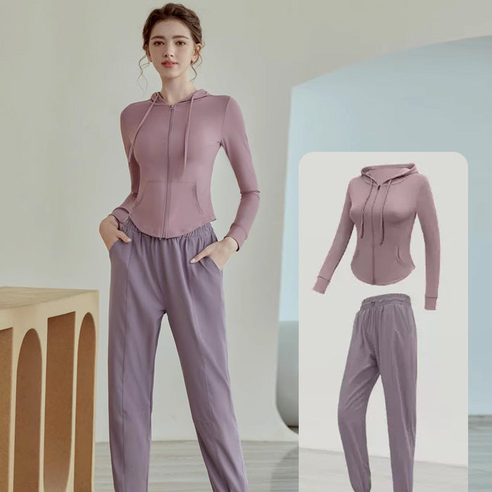 ヨガウェア、ジッパー付きフード付きトップス、レギンス、レディースカジュアルアウトドアスポーツ、ヨガ長袖ジャケット