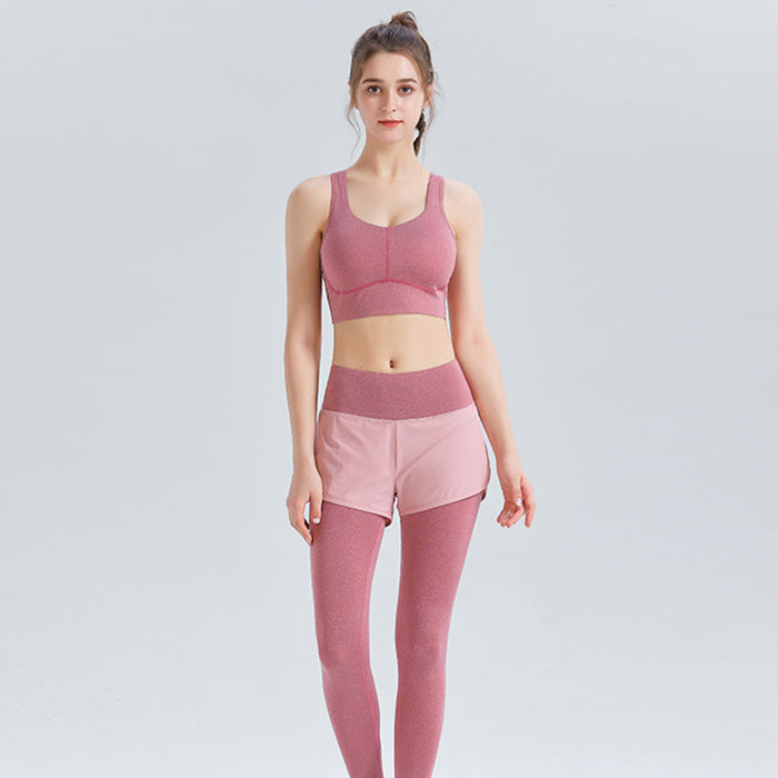 ヨガウェア レディース 女性 2点セット スポーツブラ ハイ ウエスト 露出防止 フェイクツーピース フィットネス パンツ
