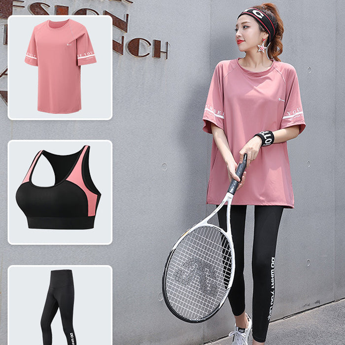 ヨガ スポーツウェア 3点セット 半袖 上下セット シンプル プラスサイズ フィットネスウェア ゆったり ルーズ 通気性 速乾性 ピラティス スポーツ フィットネス
