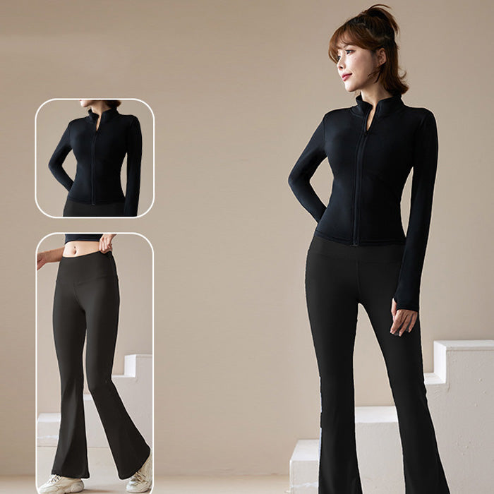 ヨガウェア 上下セット かわいい トップス ジャケット フレアパンツ レディース カジュアル アウトドア スポーツ 立ち襟 ロングヨガ 長袖ジャケット