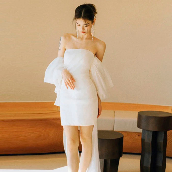ライトウェディングドレス ショートスタイル スーパーフェアリー 旅行 写真 花嫁 婚約 ホワイトドレス チューブトップ ワンショルダー フレンチスタイル
