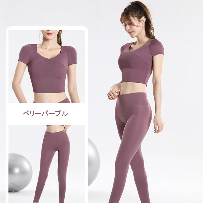 ヨガウェア 上下セット 大きいサイズ フィットネス スポーツ トップス 胸パッド付き 女性用 速乾性 半袖 ランニング 夏 秋