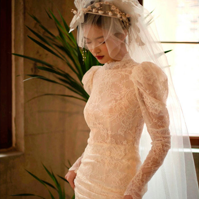 ウェディングドレス レトロ 長袖 花嫁 結婚式 フィッシュテール レーススカート ウェルカムガーゼ 旅行写真 小さなドレス フレンチライト