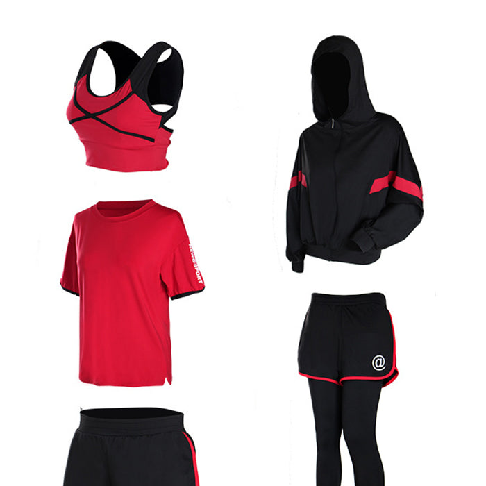 ヨガ スポーツウェアセット 5点セット パーカー 長袖 Tシャツ 半袖 上下セット フィットネスウェア 速乾性 セットアップ フィットネス ランニングウェア