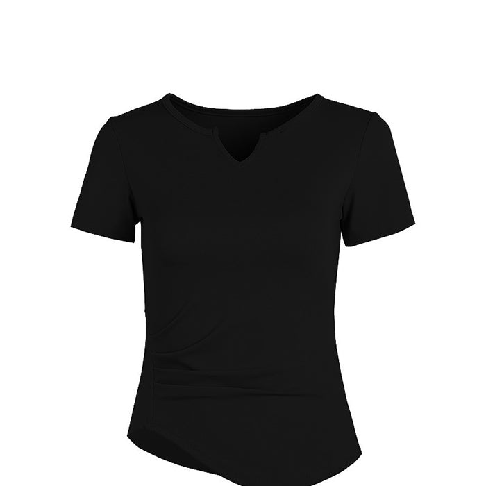 ヨガトップス 半袖 新作 タイト スポーツトップス スリム フィットネスウェア トレーニング ジム 速乾性 ヨガTシャツ ピラティス ヨガ デザインVネック