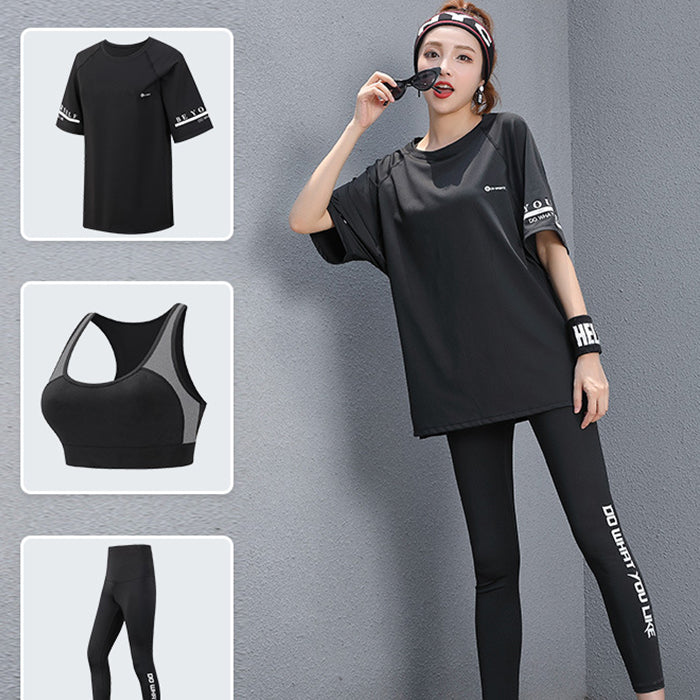 ヨガ スポーツウェア 3点セット 半袖 上下セット シンプル プラスサイズ フィットネスウェア ゆったり ルーズ 通気性 速乾性 ピラティス スポーツ フィットネス