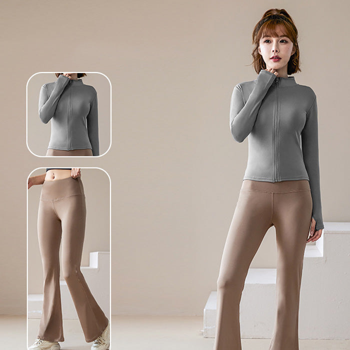 ヨガウェア 上下セット かわいい トップス ジャケット フレアパンツ レディース カジュアル アウトドア スポーツ 立ち襟 ロングヨガ 長袖ジャケット