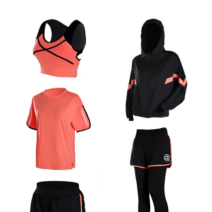 ヨガ スポーツウェアセット 5点セット パーカー 長袖 Tシャツ 半袖 上下セット フィットネスウェア 速乾性 セットアップ フィットネス ランニングウェア