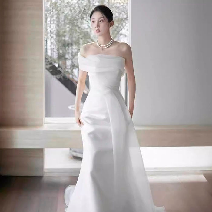 ウェディングドレス ワンショルダー 花嫁 フェアリー ベール シンプル白いドレス フィッシュテール ウェルカムベール