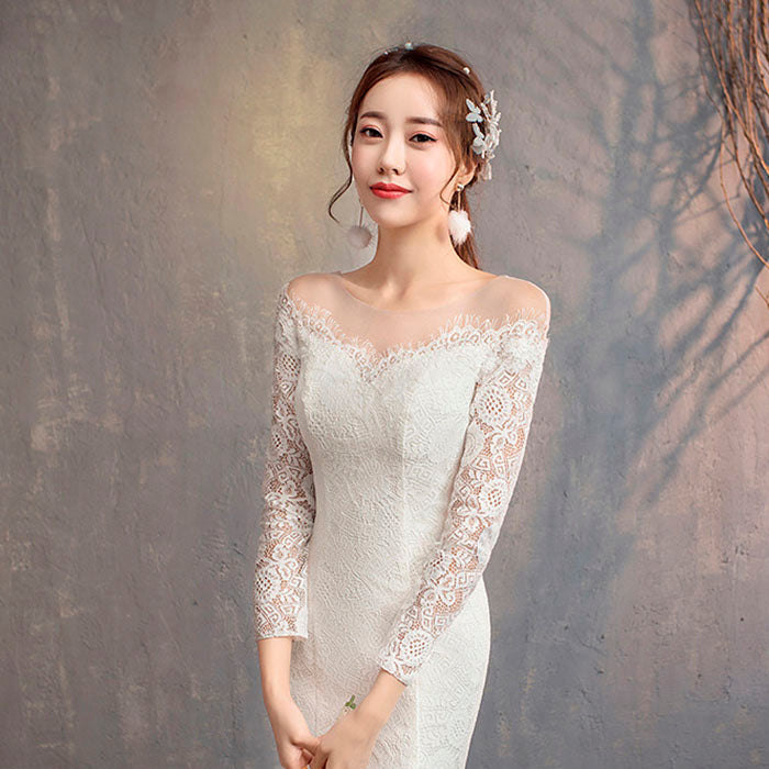 マーメイド ライト ウェディングドレス 長袖 韓国 ワンショルダー ウェディングテール ブライダルドレス