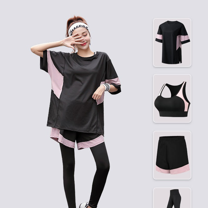 スポーツウェアセット 4点セット Tシャツ 半袖 上下セット ラージサイズ フィットネスウェア ルーズ 速乾性 セットアップ ヨガ ピラティス スポーツ フィットネス ランニングウェア ウォーキング