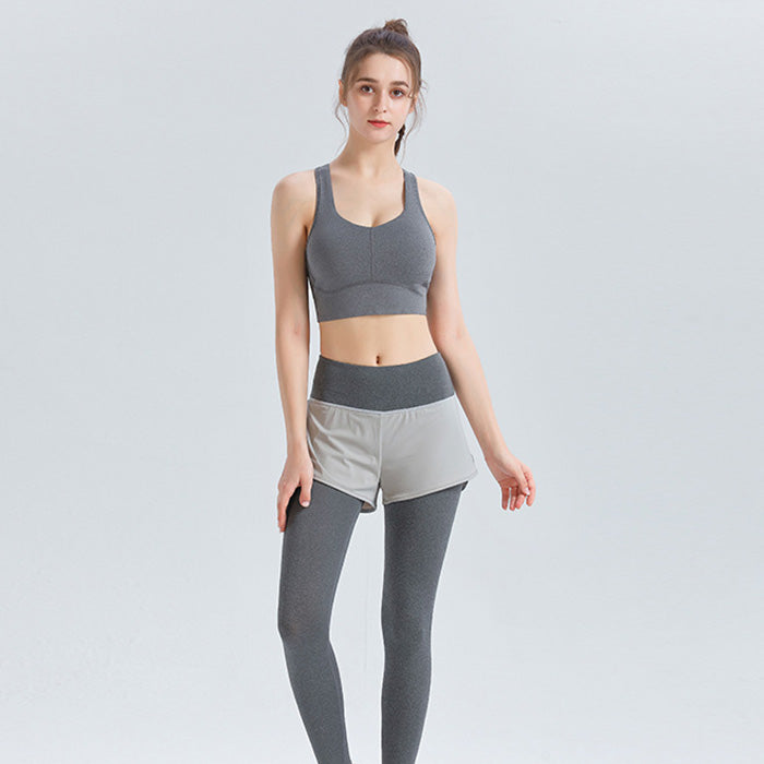 ヨガウェア レディース 女性 2点セット スポーツブラ ハイ ウエスト 露出防止 フェイクツーピース フィットネス パンツ