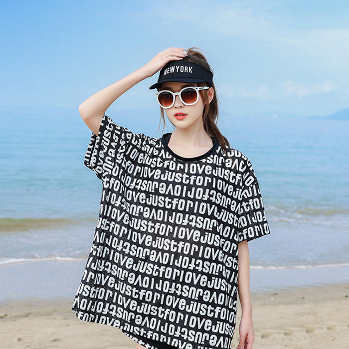 水着 レディース 高校生 中学生 3点セット ブラック ロゴプリント 体型カバー お腹カバー スリム ビキニ オーバーサイズ 学生 夏休み 海 プール 黒 ブラック