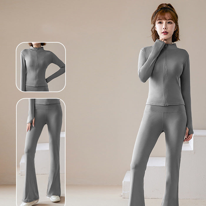 ヨガウェア 上下セット かわいい トップス ジャケット フレアパンツ レディース カジュアル アウトドア スポーツ 立ち襟 ロングヨガ 長袖ジャケット