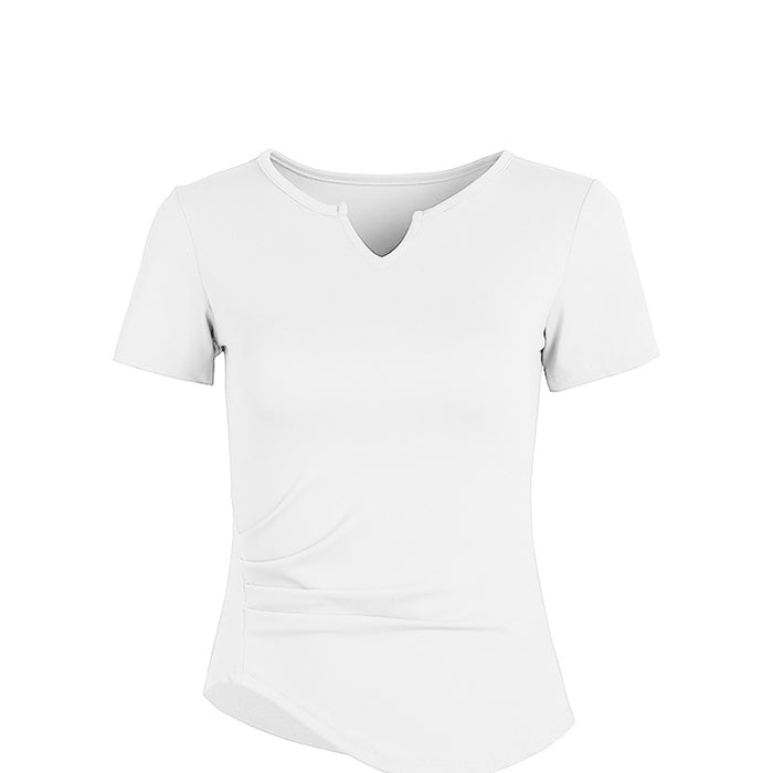 ヨガトップス 半袖 新作 タイト スポーツトップス スリム フィットネスウェア トレーニング ジム 速乾性 ヨガTシャツ ピラティス ヨガ デザインVネック