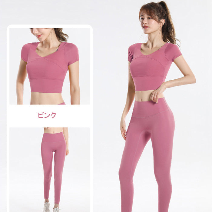 ヨガウェア 上下セット 大きいサイズ フィットネス スポーツ トップス 胸パッド付き 女性用 速乾性 半袖 ランニング 夏 秋