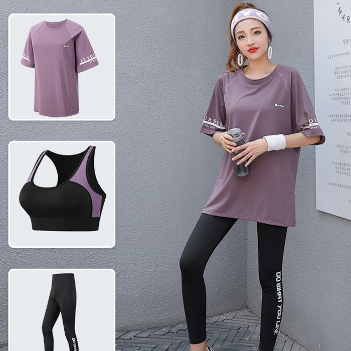 ヨガ スポーツウェア 3点セット 半袖 上下セット シンプル プラスサイズ フィットネスウェア ゆったり ルーズ 通気性 速乾性 ピラティス スポーツ フィットネス