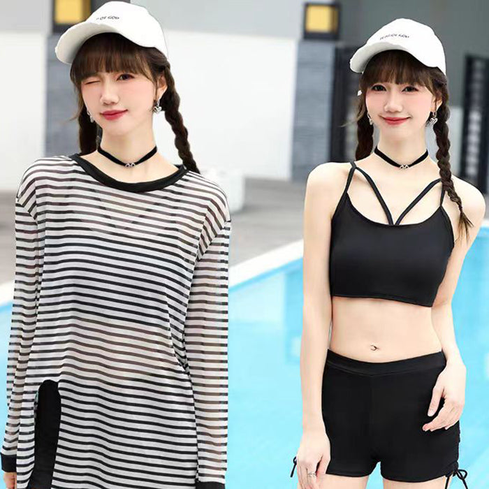 レディース 大きいサイズ スプリット スリーピース 水着 長袖 日焼け止め カジュアル スポーツ ストライプ 温泉 200ポンドでお肉をカバーしてスリムに見せます。