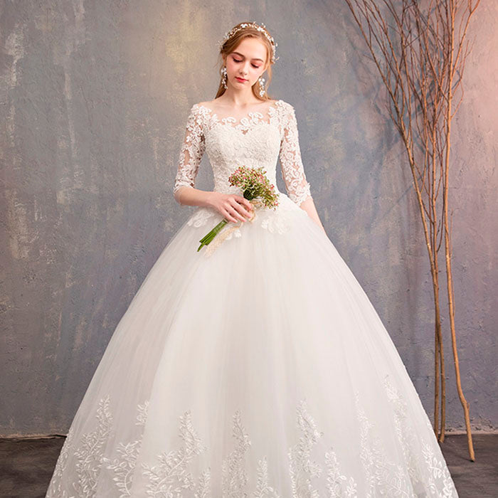 ウェディングドレス レディース ワンショルダー スリム シンプル ミッドスリーブ レース ブライダル ウェディング 床丈 ライトウェディングドレス