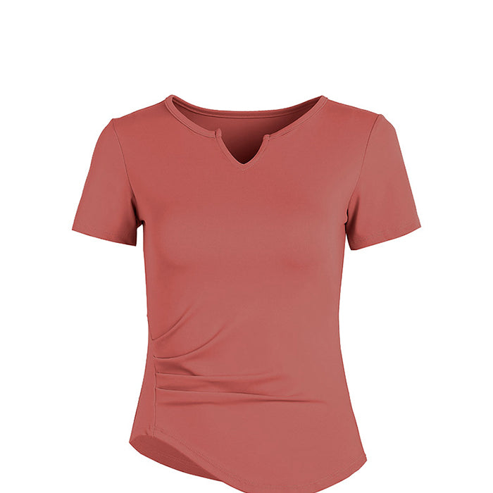 ヨガトップス 半袖 新作 タイト スポーツトップス スリム フィットネスウェア トレーニング ジム 速乾性 ヨガTシャツ ピラティス ヨガ デザインVネック