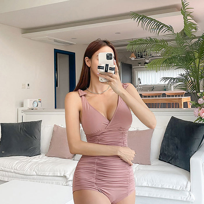 水着 レディース ワンピース スリム レトロ 可愛い 韓国 プール 海 お腹カバー 保守的 女性 ピンク ベージュ アプリコット 白 シンプル 無地