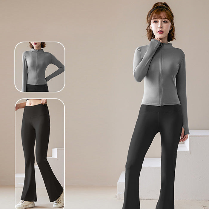 ヨガウェア 上下セット かわいい トップス ジャケット フレアパンツ レディース カジュアル アウトドア スポーツ 立ち襟 ロングヨガ 長袖ジャケット