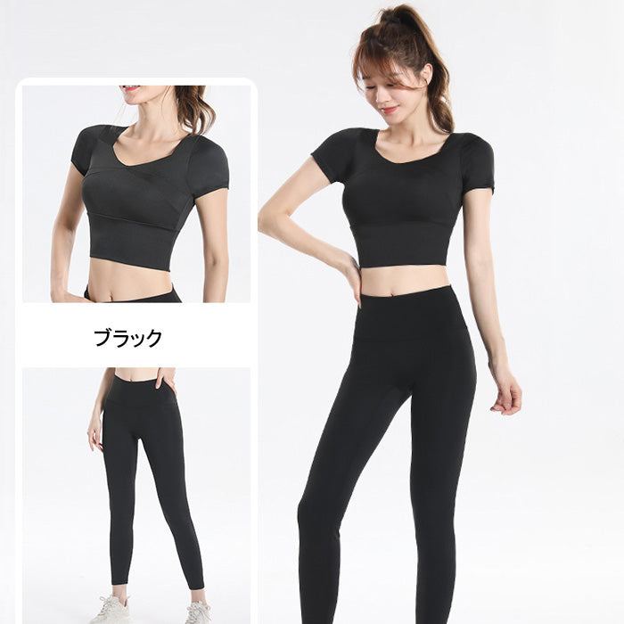 ヨガウェア 上下セット 大きいサイズ フィットネス スポーツ トップス 胸パッド付き 女性用 速乾性 半袖 ランニング 夏 秋