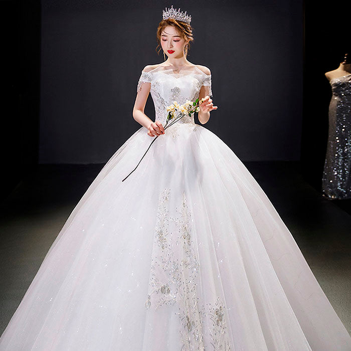 エレガント ブライダルウェディングドレス スーパーフェアリー ウェディングドレス スリムワンショルダー ウェディングドレス