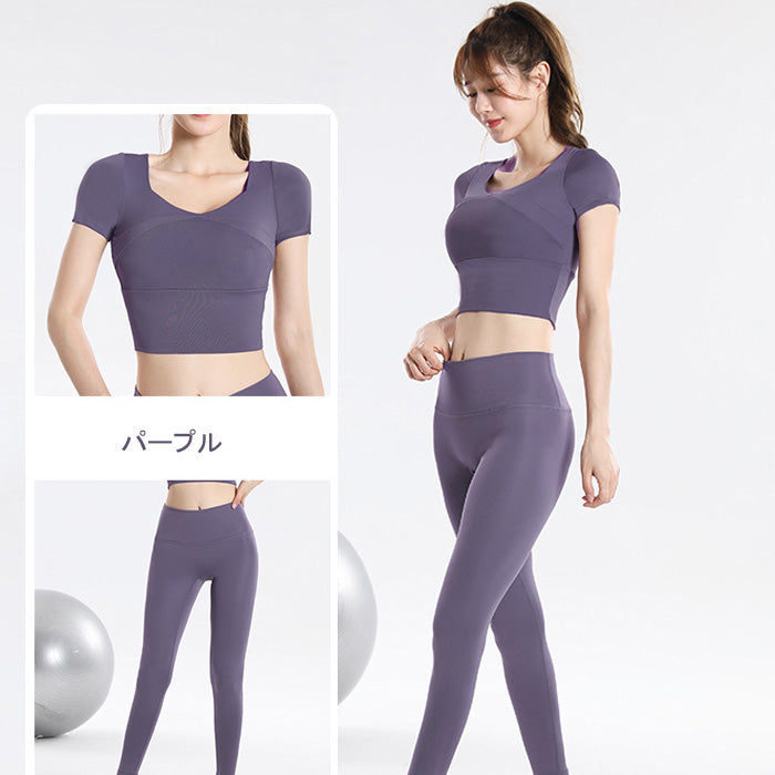 ヨガウェア 上下セット 大きいサイズ フィットネス スポーツ トップス 胸パッド付き 女性用 速乾性 半袖 ランニング 夏 秋