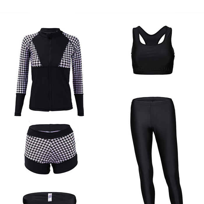 水着レディース 50代 40代 30代 20代 10代 セパレート 可愛い 5点 セット 日焼け 防止 長袖 ラッシュガード 千鳥格子柄 スポーツ サーフィン 黒 グレー 海 プール