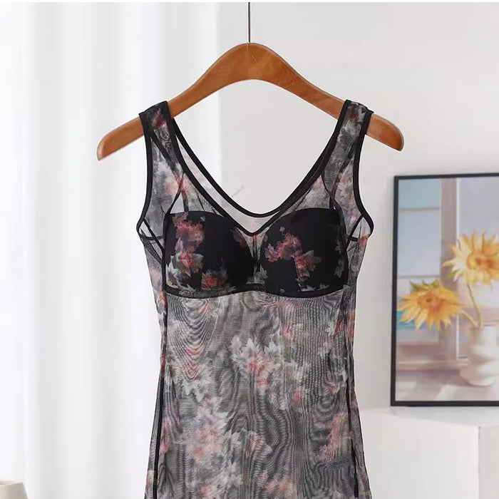 補正下着 ボディスーツレディース 大きい サイズ セクシー レース メッシュ プリント ロングベスト カップ付きインナー オールインワン セクシー レース メッシュプリント ランジェリー ロング タンクトップ ギャザー ブラ ワンピース