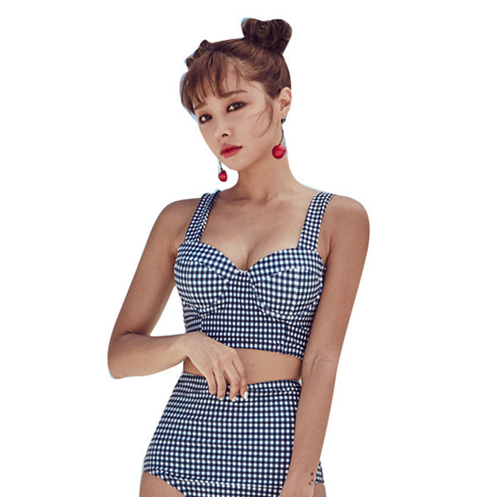 水着レディース 韓国ビキニ小格子体形修飾ベルトセクシー清新キュッとカップハイウエスト三角パンツスリム、ビーチ、水陸両用