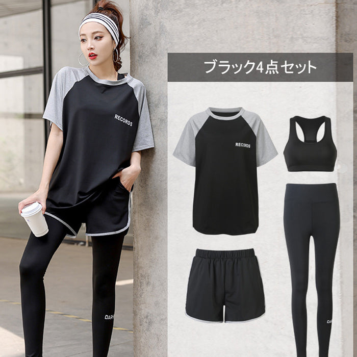 スポーツウェアセット 4点セット 半袖 Tシャツ 韓国 ハイウエスト ヨガ服 速乾性 スポーツ フィットネス トレーニングウェア
