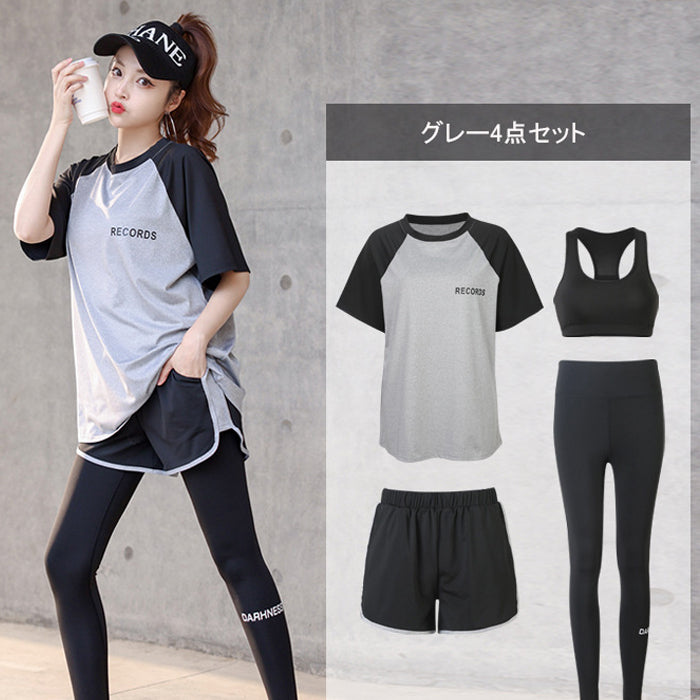 スポーツウェアセット 4点セット 半袖 Tシャツ 韓国 ハイウエスト ヨガ服 速乾性 スポーツ フィットネス トレーニングウェア