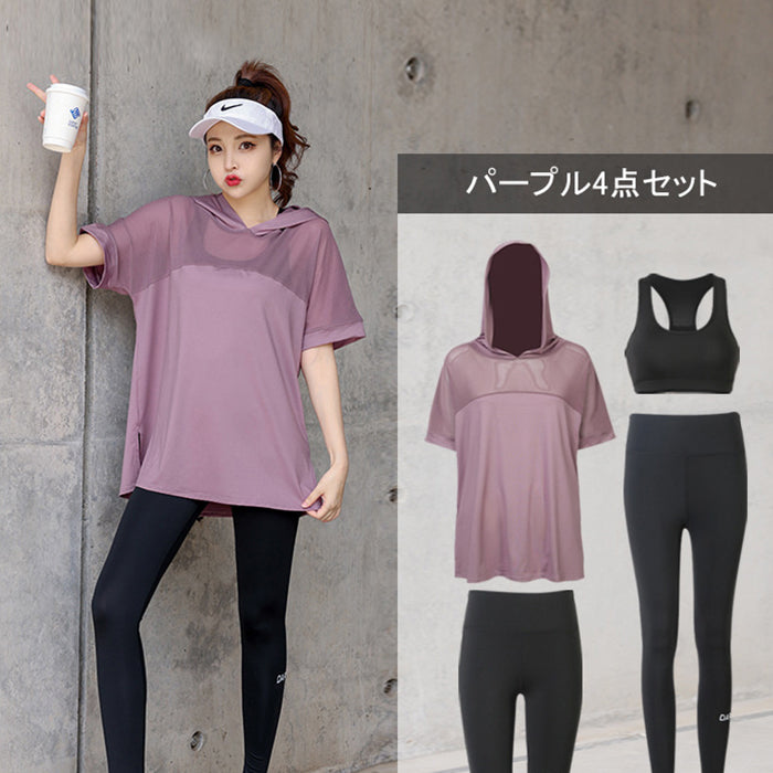 スポーツウェア 4点セット 半袖 ハーフ丈 メッシュ ヨガウェア 大きいサイズ 速乾性 スポーツ フィットネス ジムウェア テニス ランニング ジャージ 夏