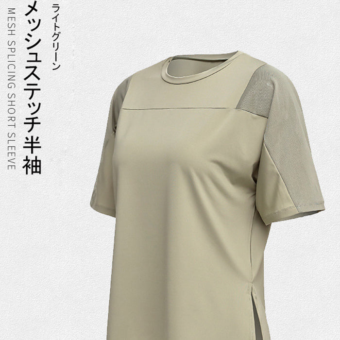 レディース スポーツTシャツ ゆったり シンプル 無地 4カラースポーツウェア トップス 半袖 Tシャツ メッシュ スリット 結べる 速乾性 通気性