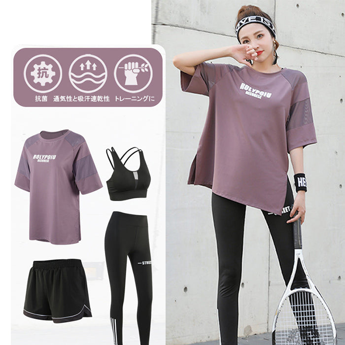 スポーツウェアセット 4点セット 半袖 スリット入り ラージサイズ ウェアセット 大きいサイズ 速乾性 スポーツ フィットネス トレーニング