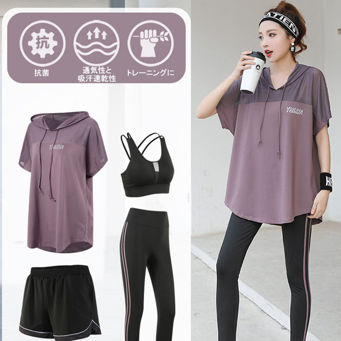 スポーツウェアセット 4点セット 半袖 パーカー フード付き メッシュ ラージサイズ ウェアセット 速乾性 スポーツ フィットネス
