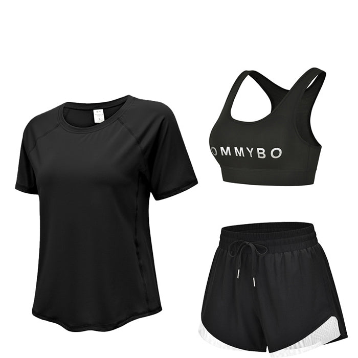スポーツウェア 3点セット Tシャツ 半袖 ショートパンツ スポーツブラ プラスサイズ フィットネスウェア 速乾性 セットアップ ヨガ ピラティス