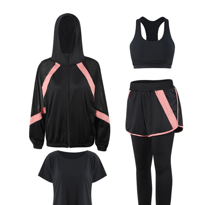 スポーツウェアセット 4点セット パーカー 長袖 メッシュ Tシャツ 半袖 上下セット フィットネスウェア セットアップ ヨガ ピラティス スポーツ フィットネス ランニングウェア